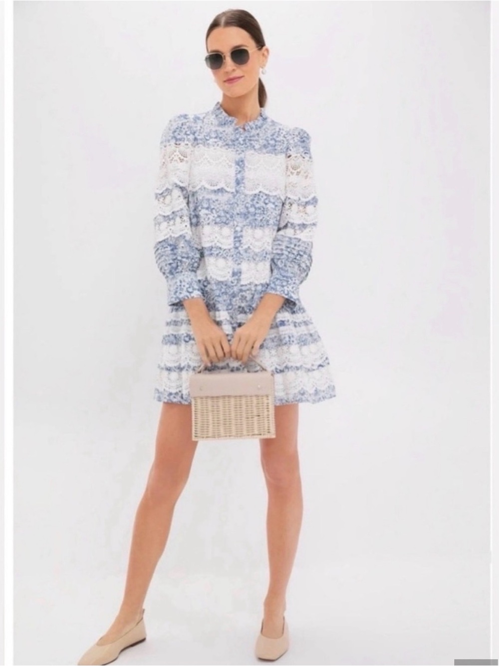 Hyacinth House Lace Trim Blue Etched Floral Emmie Mini Dress
